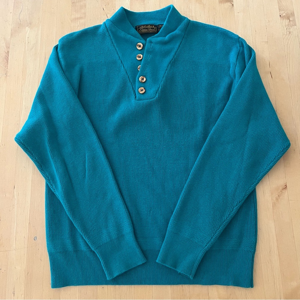 Eddie Bauer Green Teal Henley Style Men's Sweater Button Collar RibbedKnit VTG